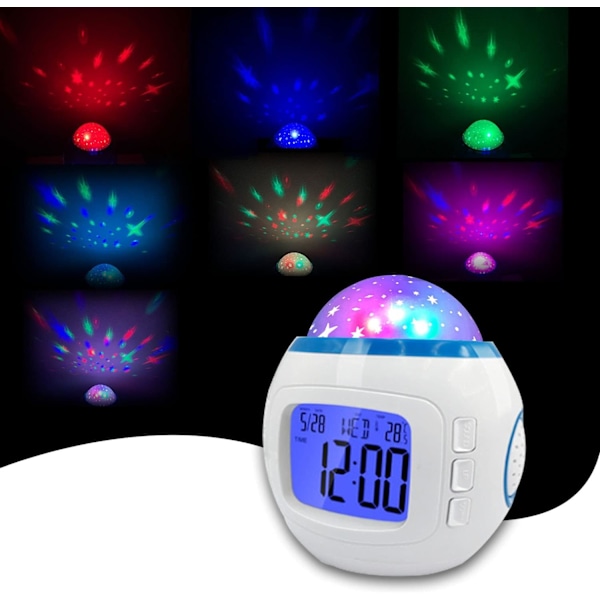 Flerfärgad Stjärnhimmel Nattlampa Projektor, Digital Väckarklocka med Musik Timer och Projektionsdisplay, Tydlig LED-Skärm för Barnrum, Säker