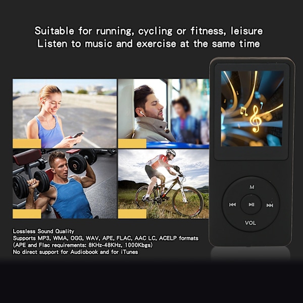 MP3 MP4-spiller 1,8 tommers skjerm 8 GB minne 64 GB utvidbar 30 timers avspilling Multifunksjonell sportsmusikkspiller Svart