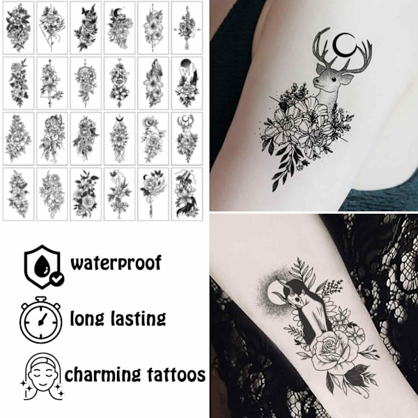 60 st Tillfälliga Tatueringar för Kvinnor Flickor - Svarta Skiss Fjärilar Blommor Fjädrar Djur, Fake Tatueringar Inkbox Tillfällig Tatuering Stick on Tatueringar för