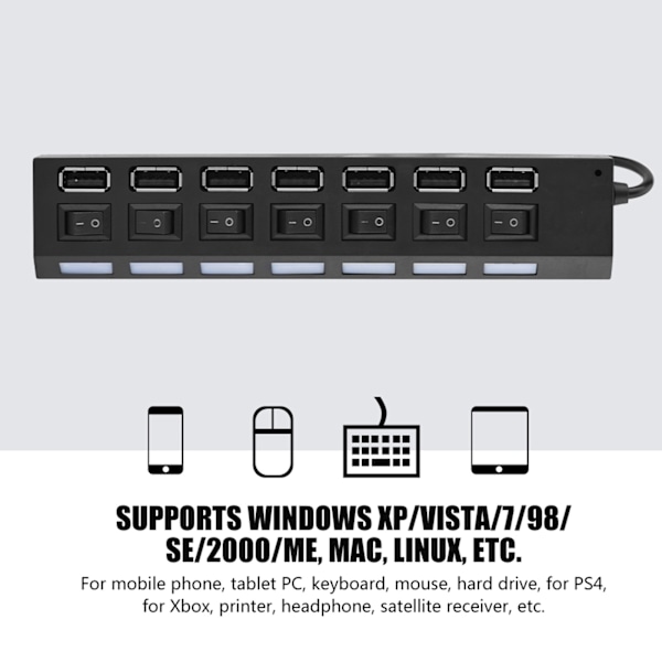 480Mbps 7-porttinen USB-keskitin, ei konflikteja, Plug & Play, 7-porttinen USB 2.0 -keskitin hiirelle/tulostimelle/skannerille