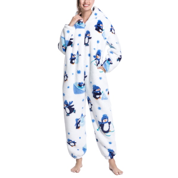 Fuzzy Jumpsuit med huva Sovplagg Sött djurtryck Varm Långärmad Långbyxor Fleece Pyjamas Jumpsuit för Kvinnor Män Typ 1 S