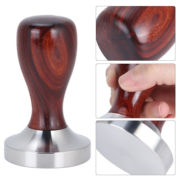 Espressostamp i rostfritt stål med platt bas, kalibrerad för jämn pressning, ergonomiskt grepp i massivt trä för komfort, professionellt handgjort verktyg