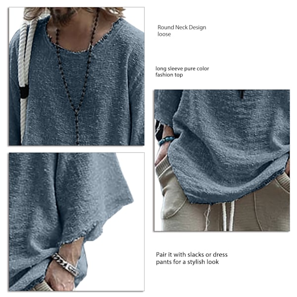 Lös Topp Långärmad Enfärgad Rund Hals Casual Bekväm Polyesterfiber Herr Pullover Topp för Utomhus Inomhus Blå M