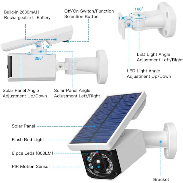 Solardriven rörelsesensorlampa, falsk säkerhetskamera, energibesparande övervakningssystem för inom- och utomhusbruk, justerbara vinklar, effektiv