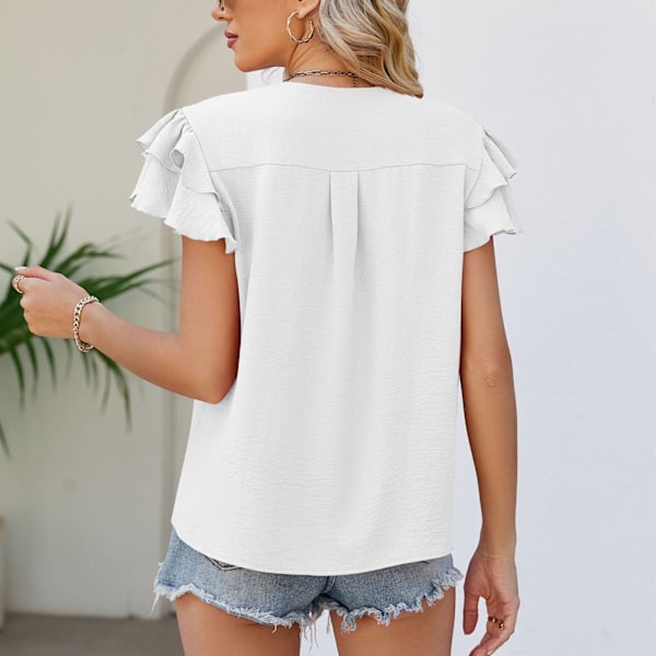 Dam Lager-på-lager Volangärm Topp Casual V-ringad Enfärgad Elegant Sommar Pullover Blus Vit L