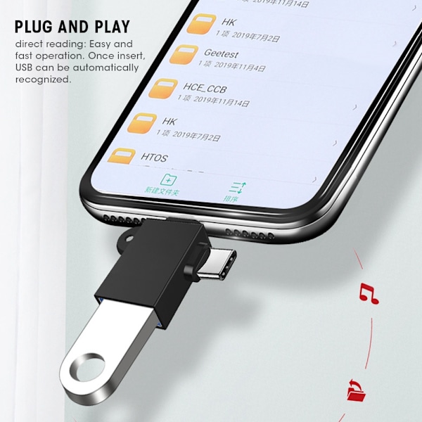 2PCS 2-i-1 USB OTG-adapter med USB 3.0-gränssnitt USB till typ C-adapterkonverter för Android (svart med kedja)