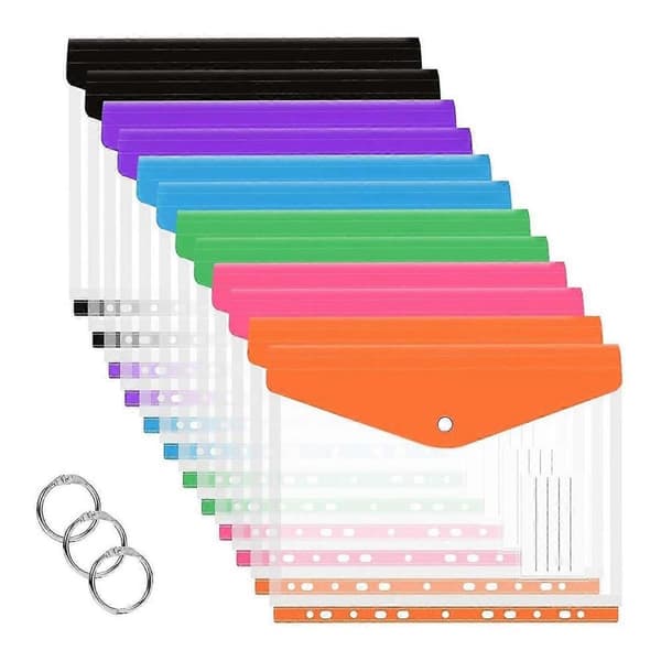12 stk A4 Permlomme Utvidbare Konvolutter Klare Plastkonvolutter Kompatible med Ringpermmappe, Trykknapp