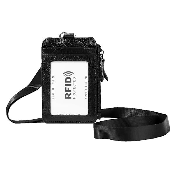 Korthållare RFID-blockerande ID-märkesplånbok i kohud med hårdvara vertikal snodd halsband