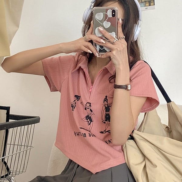 Kortärmad blus med asymmetrisk fåll, nedvikt krage, dragkedja, tryckt kortärmad blus för kvinnor, damer, flickor, rosa L