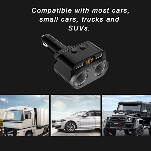 C47 Dubbel USB-utgång Typ-C Intelligent Switch Spänningsdisplay Bil Laddare för Telefoner Surfplattor