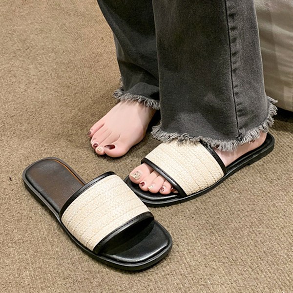 1 Par Vävda Tofflor Dam Retro Platt Botten Enkel Rem Sandaler Fransk Nisch Sommarskor Svart Storlek 38