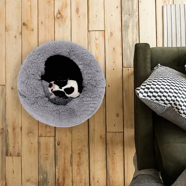Lugnande hund- och kattsäng, ångestdämpande donut-gosare, värmande och mysig