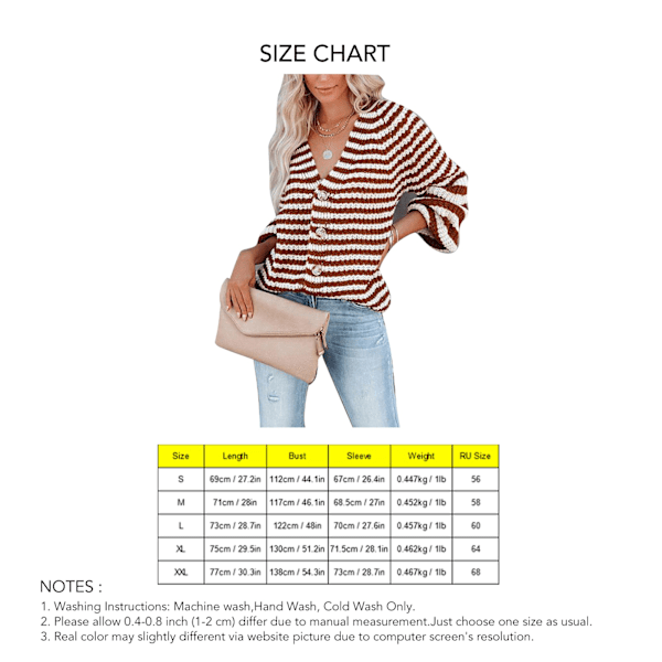 Damrandig Stickad Blus Knäppning V-ringad Stickad Topp Långärmad Casual Randig Blus Brun XL
