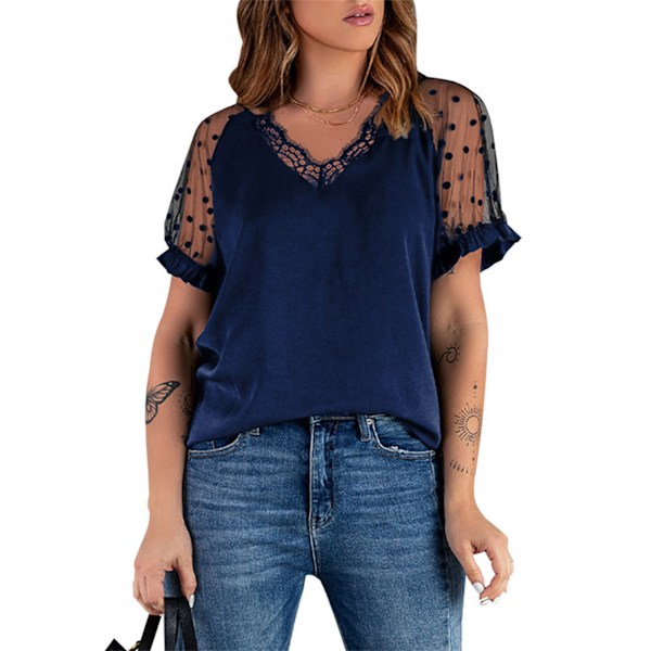 Mesh Dot Kortärmad Topp Dam Casual Elegant Stilren Enfärgad V-ringad Spetsskjorta Blus för Arbete Blå XXL