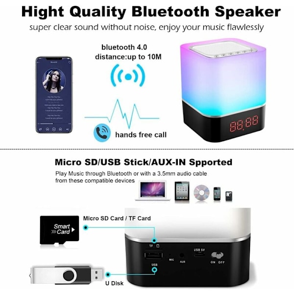 Multifunktionell enhet, innovativ Bluetooth-högtalare med beröringssensor LED-lampa för vardagsrum sovrum, bärbar väckarklocka MP3-spelare med dimfunktion