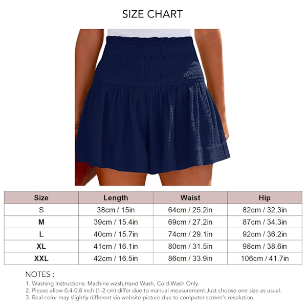 Rynkade Shorts Enfärgad Bomull Hög Elastisk Midja Plisserad Volang Flödande Casual Shorts Mörkblå S