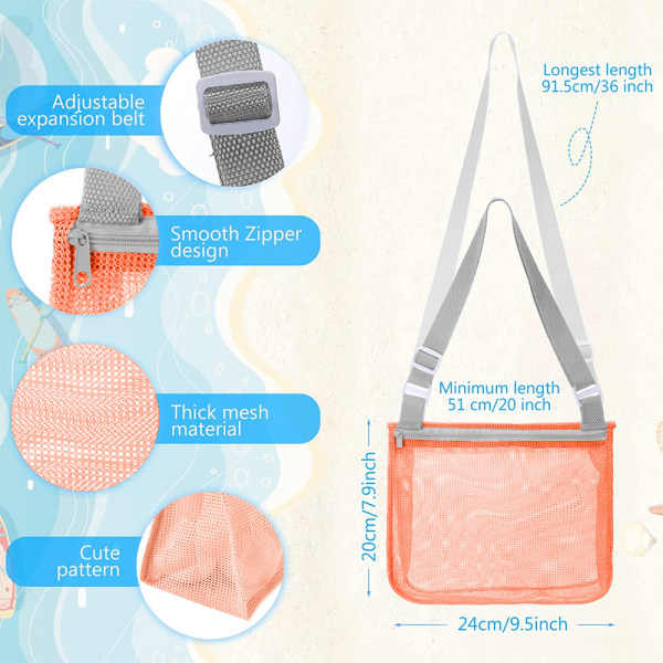 3 stk Strandleketøy Mesh Bag, for å holde skjell, frukt eller leker, justerbare bæreseler og glidelås for gutter og jenter