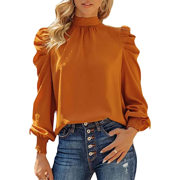 Kvinder Lang Puff Ærme Toppe Skjorte Fashionabel Elegant Løs Casual Ren Farve Høj Hals Bluse til Arbejde Orange XXL