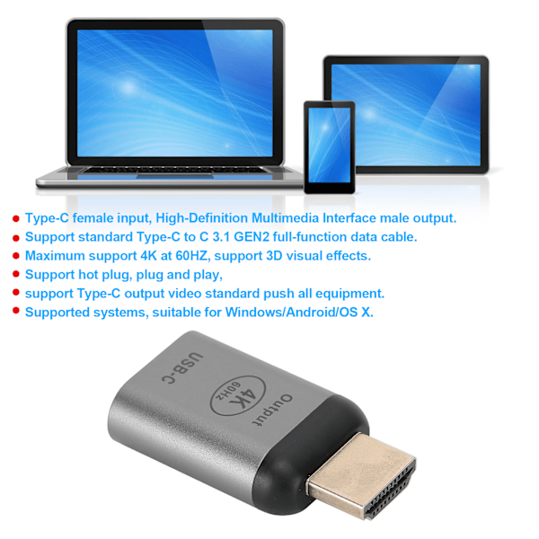Alumiiniseoskuori TypeC naaras HDMI uros -sovitinliitin Windowsille Android OS X:lle