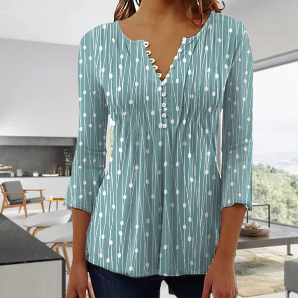 Dam V-ringad Prickig Blus 3/4 Ärm Knapp Fram Elegant Ledig Topp Skjorta Grön XL