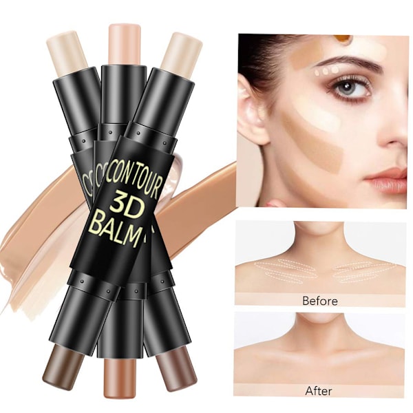 Dobbeltsidig highlighter og konturstift sminke concealer-sett for