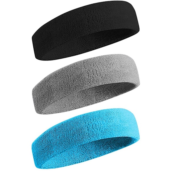 3Pack svettband Sportpannband för män och kvinnor - fuktavledande atletisk bomullsfrotté svettband för tennis, basket, löpning, gym,