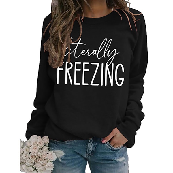 Rundhalsad Långärmad Tröja Enfärgad Ledig Lös Polyesterfiber Sweatshirt för Kvinnor Svart Topp Vit Text S