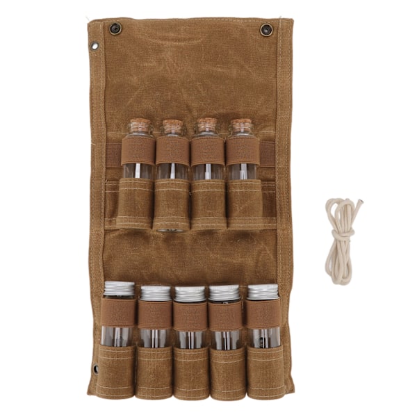 Spice Bottle Bag Wet Wax Canvas Portable Seasoning Storage Bag with 9 Glass Seasoning Bottle for Outdoor Camping