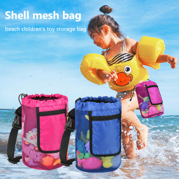 2-pakning Strand Mesh Bag Seashell Bag Strandleketøy Bag med Glidelås Lomme Justerbare Stropper Shell Vesker for Barn Snøring Oppbevaringspose