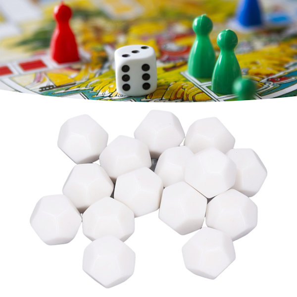 30 stk. 12-sidet tomme terninger i plast, skriv på terninger til undervisning, terningesæt i polyhedron til underholdning og undervisning, 2,2 cm, hvid