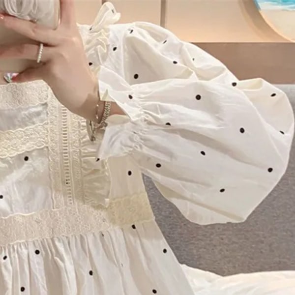 Långärmad pyjamas med prickigt tryck, dam, söt, lös, elegant jacquardtopp och byxor, sovkläder, loungewear, pyjamas L