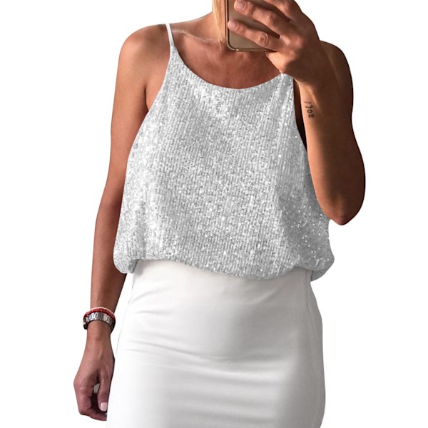 Dam Camisole Topp Paljetter V-ringning Rund Hals Framsida Baksida Använd Bekväm Ärmlös Camisole Topp Silver S