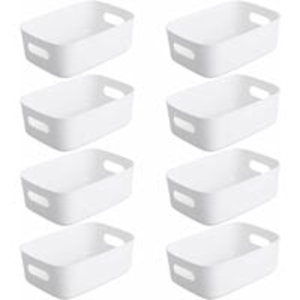 Set med 8 vita förvaringskorgar i plast, förvaringskorg i plast, plastkorg med handtag för stapelbara skåp, kök, sovrum, badrum,