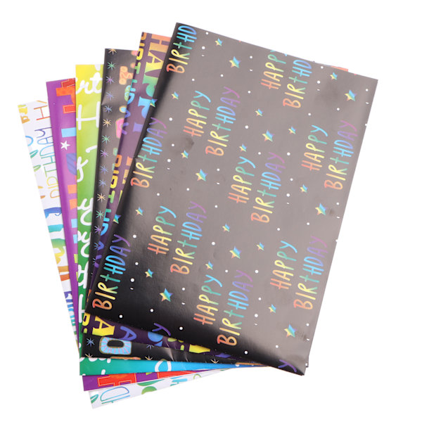 Presentpapper Födelsedag med Gradient Flerfärgad Grattis på Födelsedagen Textdesign, Födelsedagspapper Set, 6 Presentpapper
