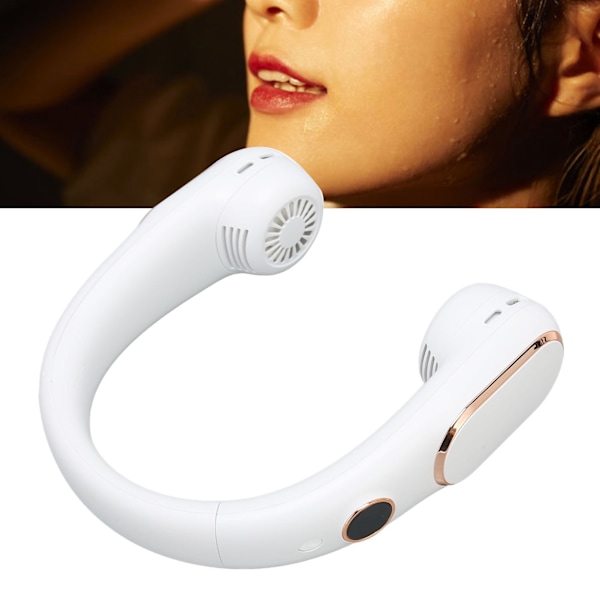 Halsfläkt 4 Hastigheter Tyst Bladlös USB Uppladdningsbar 2400mAh Batteri LED Digital Display Portabel Hands Free Fläkt Vit