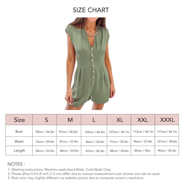 Dam V-ringad Romper Knapp Fram Hög Midja Enfärgad Sommar Kort Jumpsuit för Vardagsbruk OD Grön 3XL