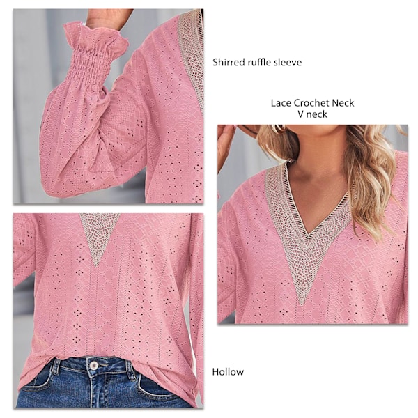 Rynkad volang långärmad topp dam ledig elegant lös ihålig spets virkad V-ringad skjorta blus rosa XL