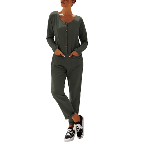 Dame Lang Ermet Casual Jumpsuit V Hals Knapp Ned Regelmessig Passform Rett Bukse Heldress Grønn S