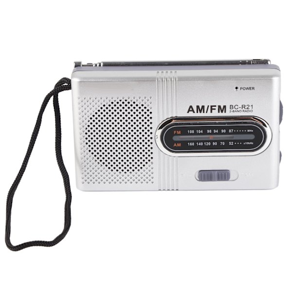 AM FM -radio, pitkä 5 W:n kaiutin, kestävä kannettava taskuradio, jossa kuulokeliitäntä kotiin ja ulkotiloihin, hopeaharmaa