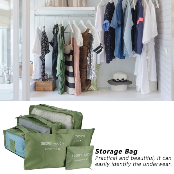 6 stk./sæt opbevaringspose tøj sorteringspose bagage kuffert pakning arrangør til rejsegrøn