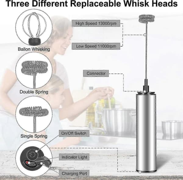 GETIT Mini Pisker og Mælkeskummer USB Genopladelig Rustfrit Stål Kompatibel med Kaffefløde