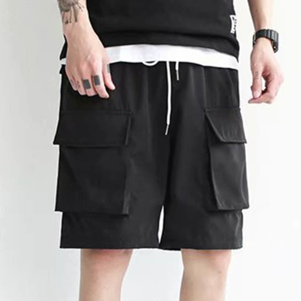 Herr Sommarshorts Multipla Fickor Dragsko Knälång Lös Passform Trendiga Casual Strandshorts Svart XL