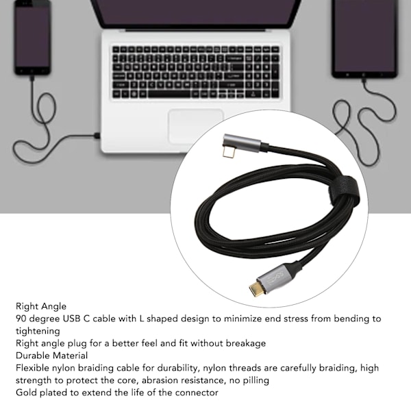 USB C till 90 graders USB C-kabel 100W USB3.1 Gen2 10 Gbps 4K 60Hz rätvinklig typ C till typ C datakabel för Steam Deck