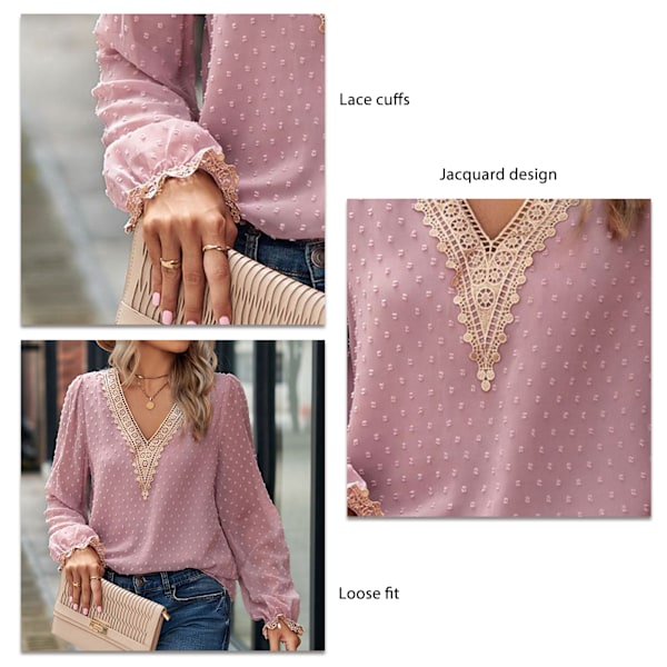 Dam Blus Lös Spetsmanschett Långärmad Spetskant Djup V-ringning Jacquard Blus för Kvinnor Rosa L