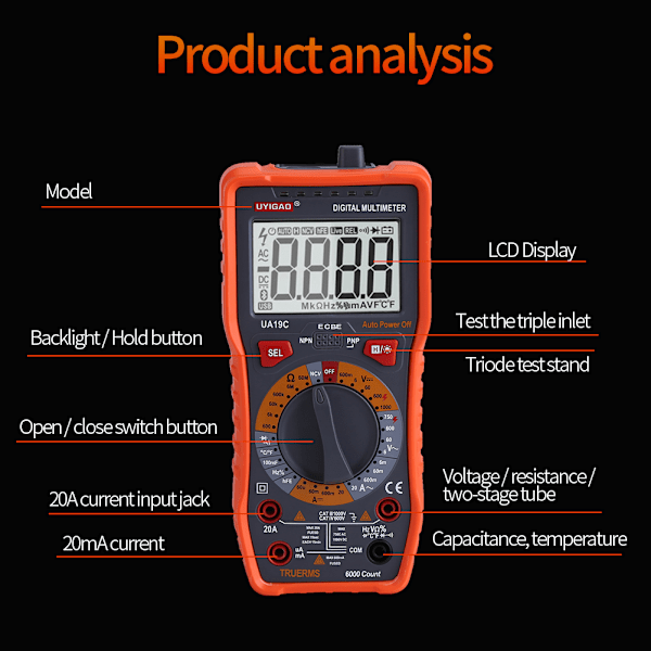 UYIGAO LCD Digital Multimeter Voltmeter Ammeter Resistans Frekvens AC DC Kapacitans Testare