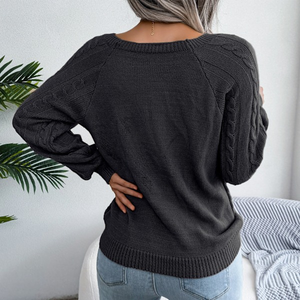 Dam Kabelstickad Tröja Långärmad Rund Hals Lös Pullover Enfärgad Damstickad Tröja för Hemma Resor Utomhus Svart S