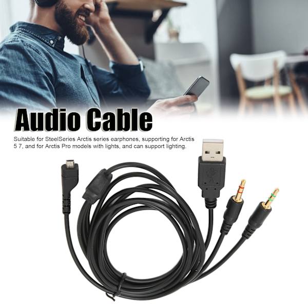 Hodetelefon lydkabel USB og 3,5 mm lydkontakt lydkabel med belysning for SteelSeries Arctis