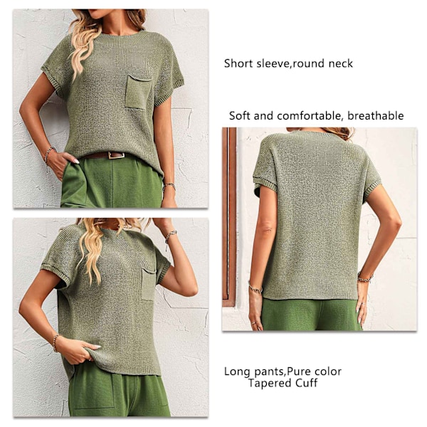 Dam Tvådelade Set Kortärmad Tröja Stickad Pullover Topp Avsmalnande Byxor Lounge Set Grön L