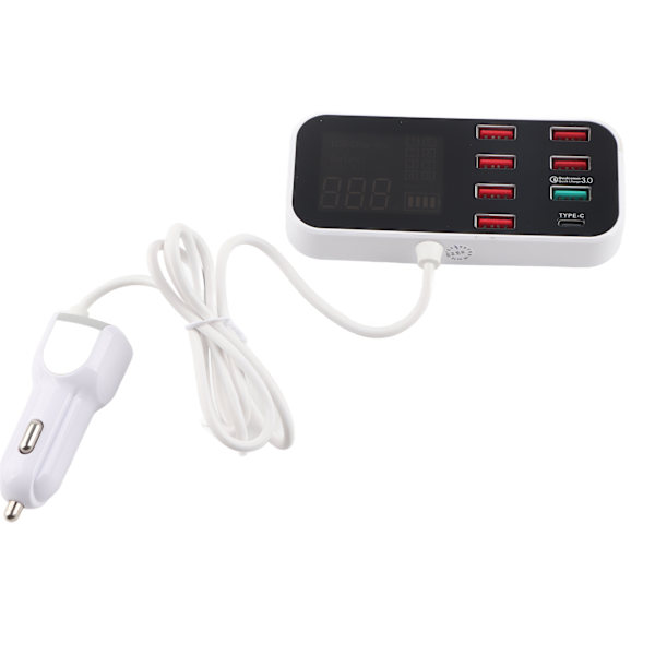 Auton laturi, moniporttinen USB-latausasema, 8 porttia, nopea PD QC 3.0 Type C -portti, puhelinhubi LCD-näytöllä