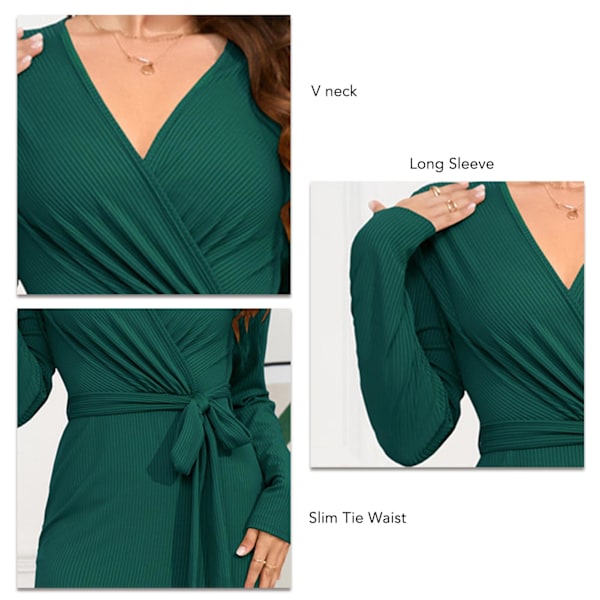 Dam Midje Slimmande Fishtail Klänning Slim Knyt Midja Enfärgad Casual Stickad V-ringad Långärmad Bodycon Fishtail Lång Klänning Grön XL